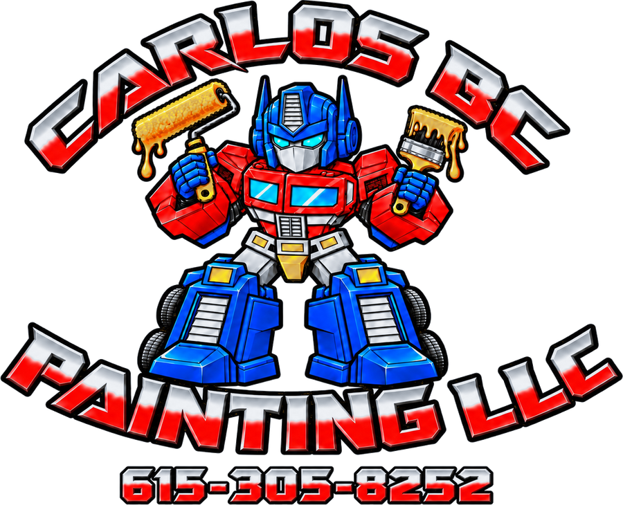Carlos BC Painting LLC logo featuring a red, blue, silver and gold painter robot